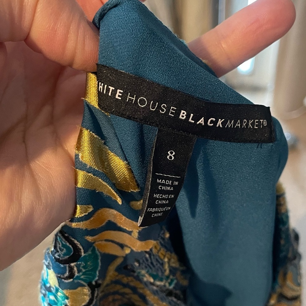 White House Black Market burnout smocked dress Teal and Gold Long Sleeve Dress - Picture 8 of 15